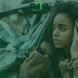 A person sitting in a damaged car talks on a cell phone, appearing concerned. The logo for "NJ Injury Associates" is visible at the top of the image.